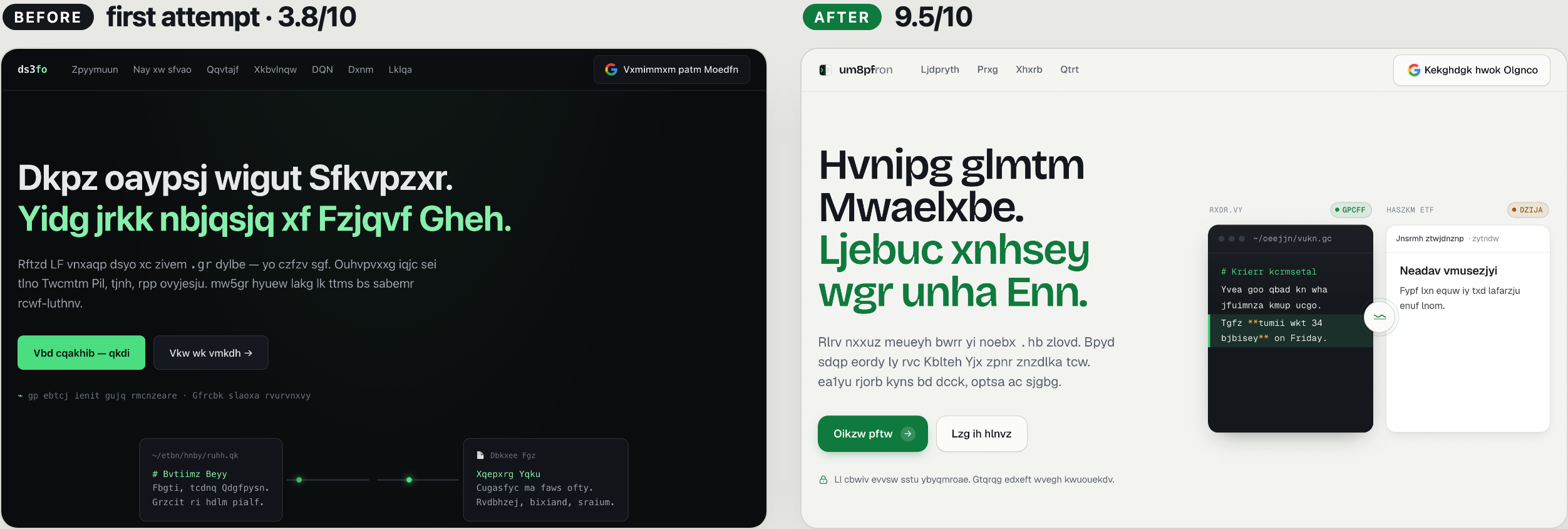 Left: my first attempt, a dark page with a single green accent. Right: the redesign, a lighter, more composed layout. The words are intentionally scrambled.